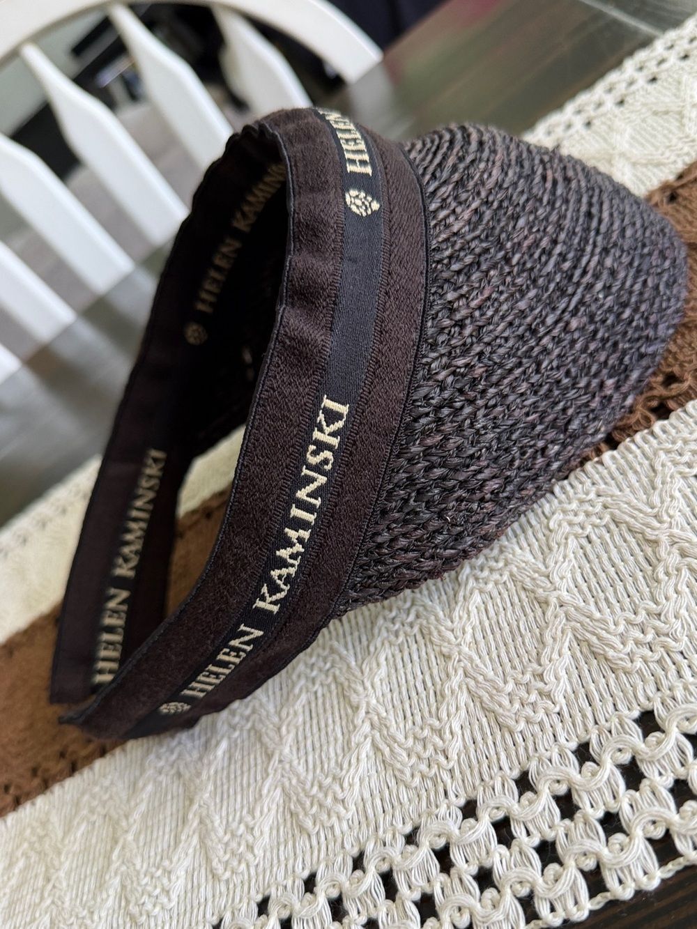 Helen Kaminski Chocolate Brown & Black Bianca Raffia Braid Visor Hat - Picture 5 of 10